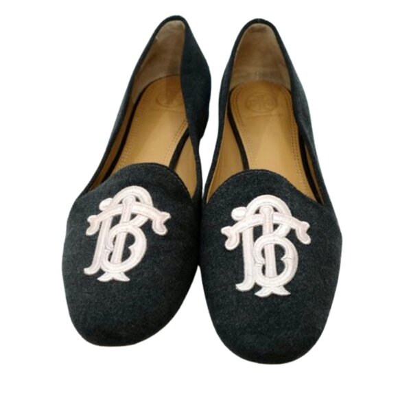 TORY BURCH~GRAY ANTONIA TEXTILE PINK EMBROIDERY LOGO LOAFERS FLATS SHOES Sz 8 - Picture 2 of 6